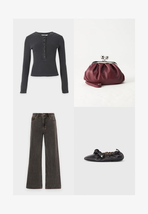 Langærmet, mørkegrå ribstrikket skjorte med rund hals og fem sorte knapper ned langs fronten.; Bredde jeans i mørkegrå denim. Har høj talje, fem lommer og kontrasterende guld-syninger. Subtil slitage giver et struktureret udseende.; Sort læder balletflat med rynket detalje, spids tå og lille metallisk trekantet pynt på siden, flad sål.; Lille bordeauxlæder clutch-pung med sølv metal lukning og håndledsrem på hvid baggrund.