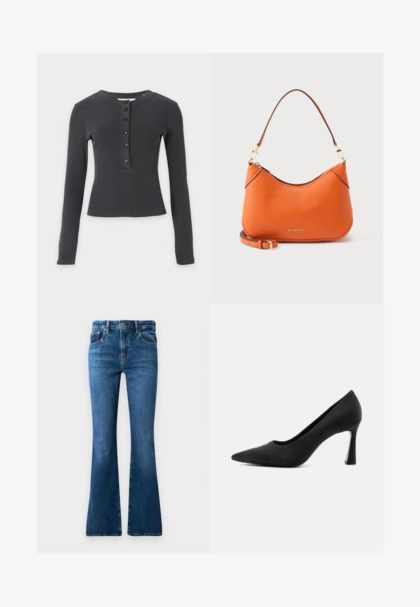 Langærmet, mørkegrå ribstrikket skjorte med rund hals og fem sorte knapper ned langs fronten.; Blå denim flared jeans med medium højt liv, fem lommer, diskret falmning og syninger langs sømmene.; Sort spids højhælet pumpe med en glat finish og slank, buet hæl mod en ensfarvet lys baggrund.; Orange læder håndtaske fra Michael Kors med kort skulderrem og en ekstra aftagelig tynd rem, guldfarvet hardware og lynlåslukning.