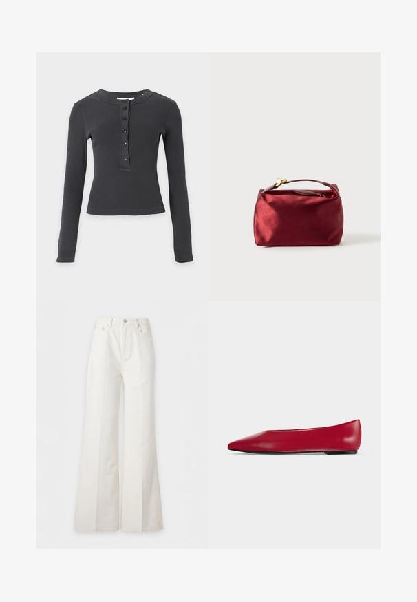 Chemise à manches longues, gris foncé côtelée, avec un col rond et cinq boutons noirs sur la patte de boutonnage avant.; Pantalon blanc à taille haute et jambes larges avec poches avant, fermeture par boutons et coutures verticales apparentes le long des jambes.; Chaussure plate en cuir rouge à bout pointu, semelle noire et petit talon, vue de profil sur un fond clair uni.; Trousse de maquillage en satin bourgogne de forme rectangulaire, avec fermeture éclair et une poignée courte. Présente un design minimaliste et une texture lisse.