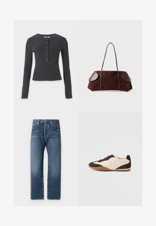 Langærmet, mørkegrå ribstrikket skjorte med rund hals og fem sorte knapper ned langs fronten.; Blå lige ben denimjeans med klassisk fem-lomme design og knaplukning, vist mod en hvid baggrund.; Brun og cremefarvet sneaker med en blanding af teksturerede og glatte materialer, lav profil, snørelukning og en gummisål.; Brun ruskinds taske med læderdetaljer, struktureret form, dobbelte skulderstropper og afrundede kanter, som har en glat tekstur og minimal hardware.