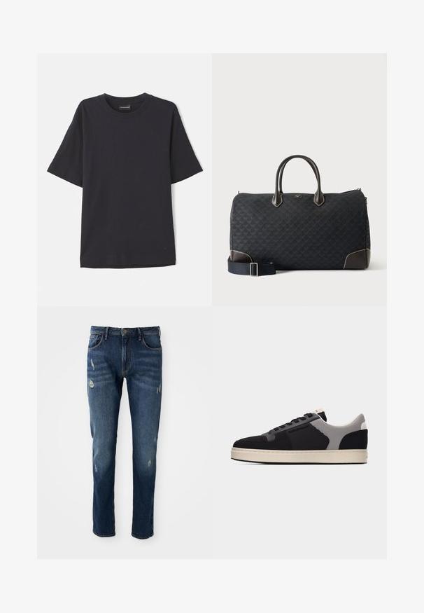 Mørkeblå ribbet kortærmet t-shirt med rund hals, der har et diskret logo nederst til højre. Blød tekstur, afslappet pasform.; Mørkeblå denimjeans med slim fit, let slid på lår og knæ, klassisk fem-lomme design og knaplukning.; Lav sko med sort mesh og stofoverdel, grå hælområde, sorte snørebånd og off-white gummisål på en hvid baggrund.; Sort mønstret rejsetaske med to håndtag, læderdetaljer i hjørnerne og en justerbar skulderrem mod en ensfarvet hvid baggrund.