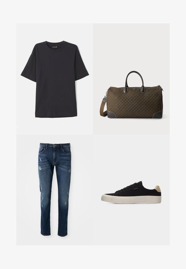 Marineblaue gerippte Kurzarm-T-Shirt mit Rundhalsausschnitt, versehen mit einem dezenten Logo auf der unteren rechten Seite. Weicher Stoff, lässige Passform.; Dunkelblaue Jeans aus Denim mit slim fit, leichten Abnutzungen an den Oberschenkeln und Knien, klassischem Fünf-Taschen-Design und Knopfverschluss.; Schwarzer Low-Top-Sneaker mit beigem Fersenlasche, weißer dicker Gummisohle, schwarzen Schnürsenkeln und kleinem "PS Paul Smith"-Label an der Seite.; Olivgrüne gesteppte Reisetasche mit schwarzen Griffen, Lederakzenten an den Ecken und abnehmbarem Schulterriemen auf weißem Hintergrund.