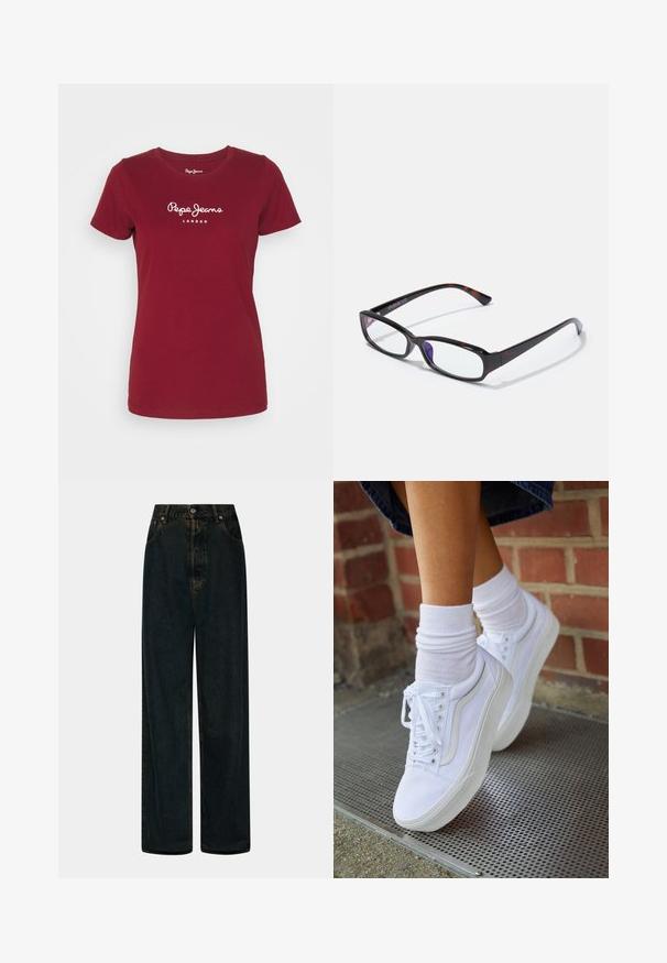Rode katoenen t-shirt met korte mouwen, ronde hals, en witte "Pepe Jeans London" logo gedrukt op de borst. Soepele textuur.; Hoge taille, wijde pijpen, donkerblauwe denim jeans met een sluiting van voor knoop en rits, riemlussen en voorzakken.; Witte canvas sneakers met rubberen zolen, voorzien van zes vetertjes, een ronde neus en lichte stikdetails, gecombineerd met witte enkelsokken.; Rechthoekige bril met een schildpadpatroon, zwart kunststof montuur en transparante glazen. Voorzien van dunne pootjes en een lichte buiging aan de uiteinden.