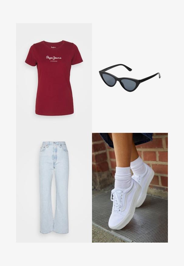 Červené bavlnené tričko s krátkymi rukávmi, okrúhlym výstrihom a bielym logom "Pepe Jeans London" potlačeným na hrudi. Hladký materiál.; Svetlo modré džíny s vysokým pásom a rozšírenými nohavicami, vyrobené z denimu s vyblednutou textúrou. Obsahujú päť vreciek a kovové detaily.; Biele plátené tenisky s gumovou podrážkou, s piatimi dierkami na šnúrky, okrúhlou špičkou a svetlými švami, doplnené o biele členkové ponožky.; Čierne slnečné okuliare v štýle mačacích očí s tmavošedými sklami, elegantným plastovým rámom, špicatými rohmi a rovnými stranami. Bez viditeľného hardvéru alebo akcentov.