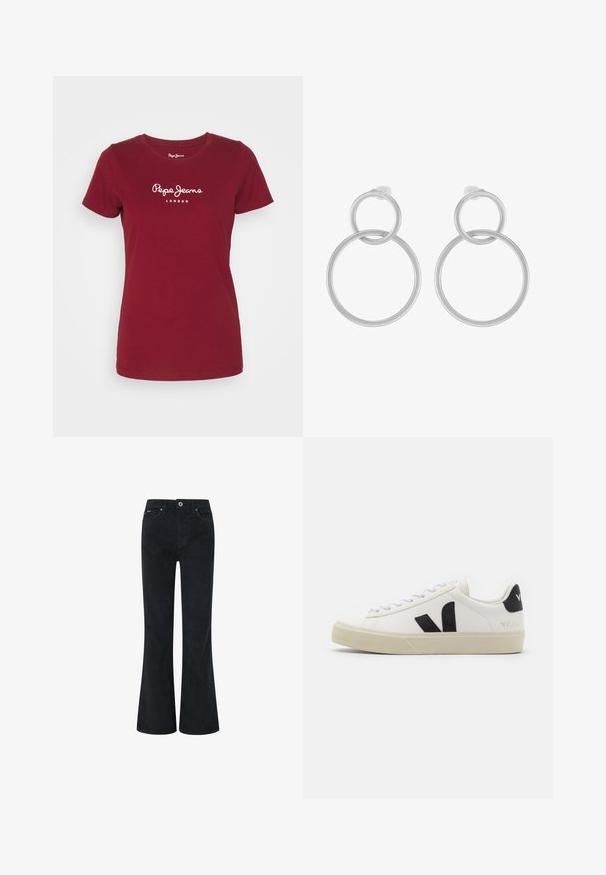 Rode katoenen t-shirt met korte mouwen, ronde hals, en witte "Pepe Jeans London" logo gedrukt op de borst. Soepele textuur.; Zwarte flanelle flare-pantalon met een knoop- en ritssluiting, voorzien van twee voorkruiszakken en een gladde textuur. Rechtermode ontwerp.; Witte leren sneaker met zwart rubberen V-logo. Getextureerde off-white zool, witte veters en een achterkant met een detail van de merknaam in het zwart.; Zilveren metalen oorbellen met twee in elkaar grijpende cirkels, een grotere en een kleinere, met een geborstelde afwerking en schroefsluitingen.