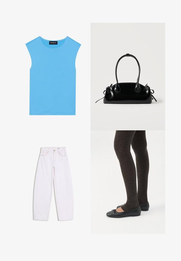 Top sans manches bleu en tissu lisse, avec un col rond et des lignes épurées, sans embellissements ni motifs supplémentaires.; Jean blanc taille haute avec bouton sur le devant, fermeture éclair, et cinq poches, avec une couture marron clair et une coupe droite.; Jambes portant des leggings côtelés foncés associés à des ballerines noires avec de petits détails en nœud sur fond blanc.; Petit sac à main noir brillant avec deux longues anses et des détails à cordon sur les côtés sur un fond clair uni.