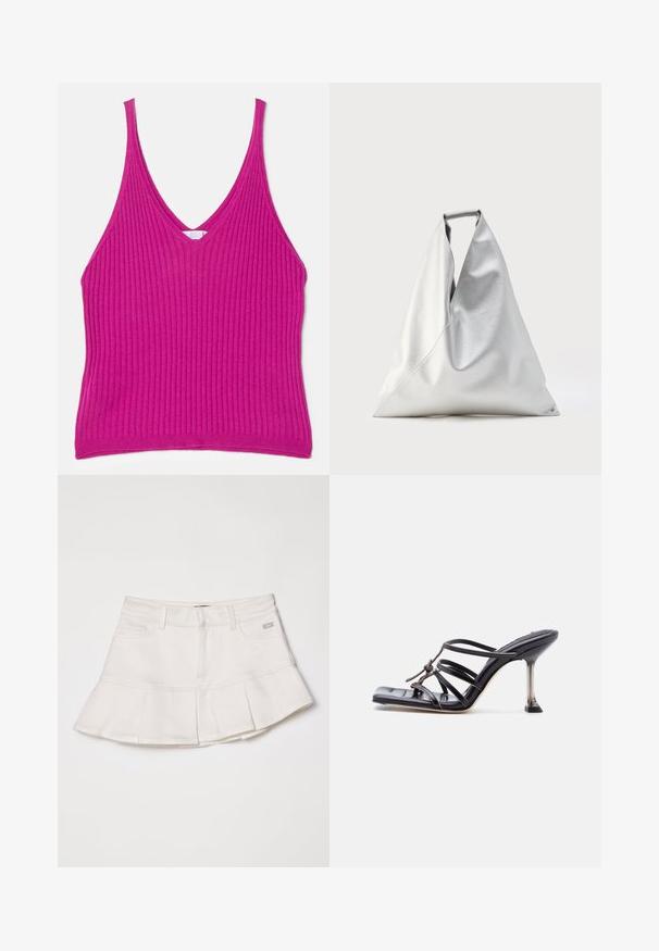 Getailleerde, geribde tanktop in levendig fuchsia. Heeft een diepe V-halslijn en dunne banden, gemaakt van een zachte, rekbare stof.; Witte denimrok met een aansluitende taille en een uitlopende plooienzoom. Inclusief zijzakken en een klein logo op de tailleband.; Zwarte sandaal met hoge hak en bandjes, met een vierkante neus en een dunne naaldhak, voorzien van overlappende bandjes en een knoopdetail op het bovenwerk.; Grote zilveren draagtas met een driehoekige vorm en een zachte lederen textuur, rechtopstaand met bovenhandvat zichtbaar tegen een effen achtergrond.