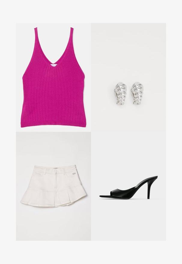 Tætsiddende ribbet tanktop i livlig fuchsia. Har en dyb V-udskæring og tynde stropper, lavet af et blødt, strækbart materiale.; Hvid denimnederdel med en tætsiddende talje og en udvidet plisseret kant. Inkluderer forlommer og en lille logo detalje på taljen.; Sort læder åben tå højhælet mule med en slank stilet hæl, vist i sideprofil på en ensfarvet baggrund.; Sølv clip-on øreringe med spiralmønster, der har en glat metallisk tekstur og runde former. Ingen synlige udsmykninger eller mønstre.
