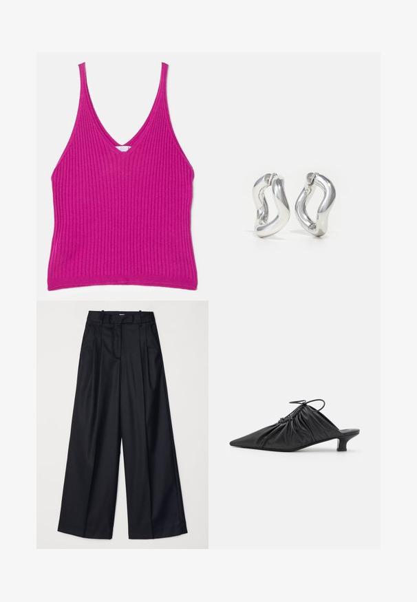Enganliegendes, geripptes Tanktop in leuchtendem Fuchsia. Verfügt über einen tiefen V-Ausschnitt und dünne Träger, gefertigt aus einem weichen, dehnbaren Material.; Schwarze weit geschnittene Hosen aus glattem Stoff, mit hoher Taille, Falten und einer taillierten Passform. Einfaches schwarzes Zubehör an der Taille.; Schwarze Leder-Mules zum Hineinschlüpfen mit spitzer Zehe, geraffter Textur und kleinem Kitten-Heel. Verfügt über ein Zugbanddetail am Öffnung.; Silberne Creolen mit gedrehtem Design. Abgerundete Kanten und glänzende Oberfläche. Offen schließende Verschlüsse für einfaches An- und Ausziehen. Glatte Textur durchgehend.