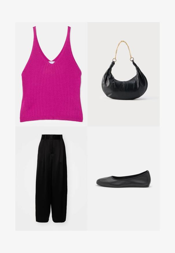 Enganliegendes, geripptes Tanktop in leuchtendem Fuchsia. Verfügt über einen tiefen V-Ausschnitt und dünne Träger, gefertigt aus einem weichen, dehnbaren Material.; By Malene Birger PISCALI - Stoffhose - black; Schwarze Leder-Ballettschuhe mit abgerundeter Spitze, glatter Textur, minimalen Nähdetails und einem flexiblen Sohlen-Design.; Schwarze, halbmondförmige Handtasche aus Leder mit goldenem Kettenriemen und seitlichem Reißverschluss.