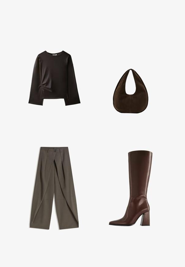 Chemise noire à manches longues avec un col rond et un petit détail froncé sur le côté gauche près de la taille.; Pantalons à jambes larges en tissu texturé gris foncé. Présente un pli avant, une fermeture par bouton et des poches latérales pour plus de praticité.; Botte en cuir marron montant jusqu'au genou, avec bout pointu et talon épais de hauteur moyenne, vue de profil sur fond blanc.; Sac à main en daim marron foncé en forme de croissant avec une seule sangle large et une texture lisse sur fond blanc.