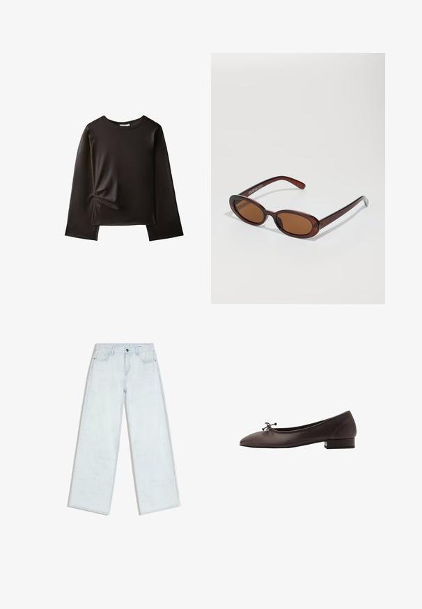 Sort langærmet skjorte med rund halsudskæring og en lille rynket detalje på venstre side nær taljen.; Lyseblå vidde-jeans med forreste knap og lynlås, bæltestropper og fem-lomme design, lagt fladt på hvid baggrund.; Brune læder balletflade med rund tå og lille blokhæl. Har en tynd sløjfe foran og diskrete syningsdetaljer.; Runde, bruntonede solbriller med en glansfuld bordeauxramme. Slanke arme med diskret brandingdetalje. Flad linsedesign.