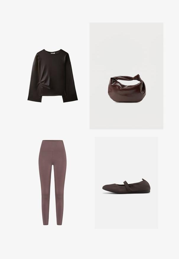 Sort langærmet skjorte med rund halsudskæring og en lille rynket detalje på venstre side nær taljen.; Højlivede leggings i en dæmpet mauve farve, lavet af et glat, strækbart stof. Har et sømløst design uden synlig hardware.; Brun balletsko med elastisk rem og rundet tå, vist mod en hvid baggrund, sideudsigt.; Mørkebrun læder skuldertaske med en blød, afslappet form og et snoet knudehåndtag på en ensartet hvid baggrund.