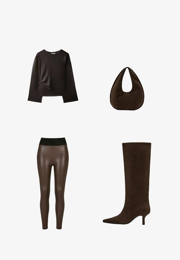 Chemise noire à manches longues avec un col rond et un petit détail froncé sur le côté gauche près de la taille.; Pantalons en simili cuir marron avec une taille haute noire, présentant une finition lisse et brillante et un design ajusté jusqu'à la cheville.; Botte haute jusqu’au genou en daim brun foncé avec bout pointu et talon fin et bas.; Sac à main en daim marron foncé en forme de croissant avec une seule sangle large et une texture lisse sur fond blanc.