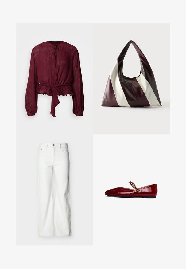 Bordeauxrood geplooide blouse met lange mouwen, een striksluiting bij de taille en een gerimpelde zoom, met een ronde hals en een textuurstof.; Witte jeans met rechte pijpen en hoge taille, voorzien van een knoopsluiting aan de voorkant, rits, en zij- en achterzakken, tegen een effen lichte achtergrond.; Rode gepatenteerde leren balletschoenen met een ronde neus, een dunne band over de wreef en een vlakke zwarte zool. Gladde textuur en strakke afwerking.; Grote driehoekige leren handtas met brede diagonale strepen in donkerbruin, bordeaux en crèmekleuren tegen een effen achtergrond.