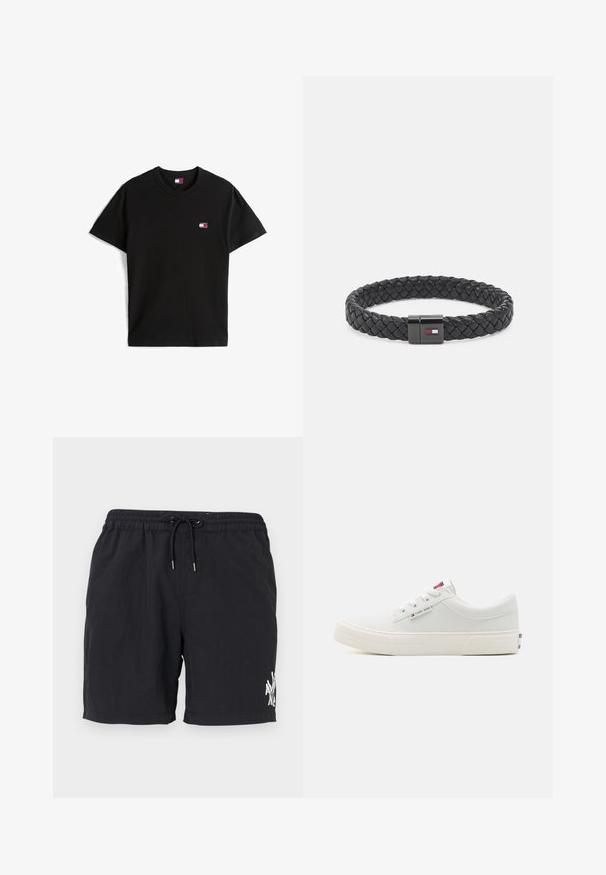 Sort T-shirt med korte ærmer og rund hals med lille Tommy Jeans-logo i rød, hvid og blå på venstre bryst.; Sorte svøm shorts lavet af letvægtsstof, med en elastisk talje med snoretræk og en hvid grafisk detalje på venstre ben.; Tommy Jeans SKATE DERBY - Sneakers - white; Sort fletlæderarmbånd med en metalspænde, der har et lille logo i rød, hvid og blå. Rund form, tekstureret overflade.