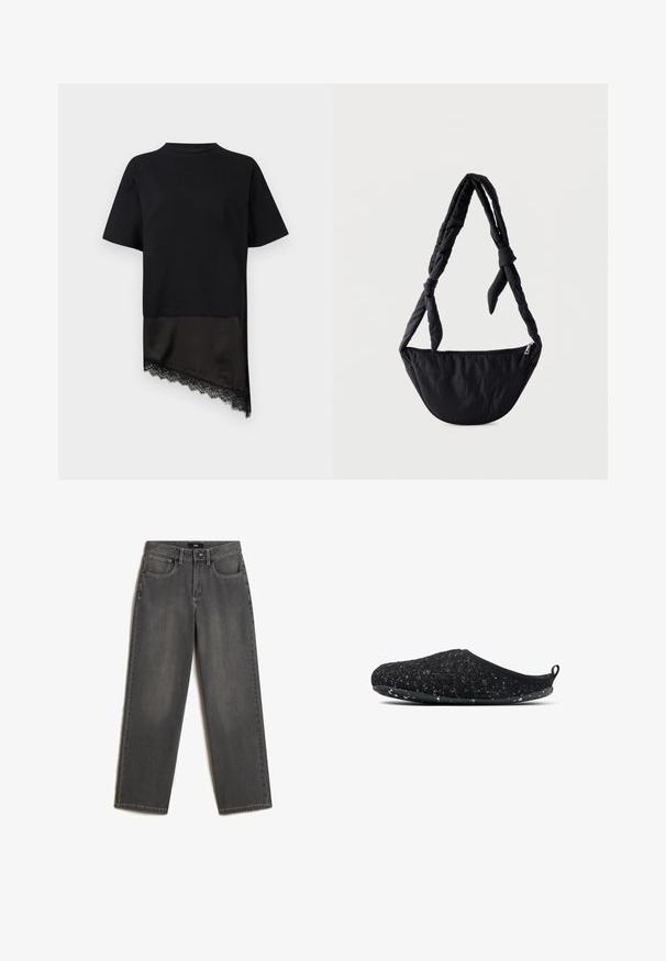 Sort kortærmet top med asymmetrisk kant med silkeagtigt stof og blonder på den ene side mod en lys baggrund.; Grå vidde jeans lavet af denim. Har fem lommer, en frontknap og lynlås lukning, samt subtil fading på stoffet.; Sorte filt tøfler med en struktureret overflade, rund tå og en sort gummisål med et spraglet mønster. Minimalistisk design uden udsmykninger.; Sort polstret crossbody-taske med en halvmåneform og en justerbar rem med knude, med lynlåslukning øverst.
