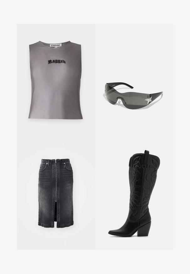 Šedý bezrukávový crop top vyrobený z priesvitného materiálu, s čiernym vyšívaným textom "Ragged" v strede. Jednoduchý, moderný dizajn.; Čierna denimová sukňa s predným zipsom, dvoma postrannými vreckami, strednou dĺžkou a jemným vyblednutím. Má rovný strih a obrubené okraje.; Čierne kožené čižmy po kolená so špicatou špičkou a vrstveným podpätkom. Majú dekoratívne prešívanie a zakrivené dizajnové prvky.; Čierne slnečné okuliare s obopínajúcim dizajnom, tmavými sklíčkami, lesklými hviezdicovými akcentmi a nastaviteľnými nosovými podložkami.
