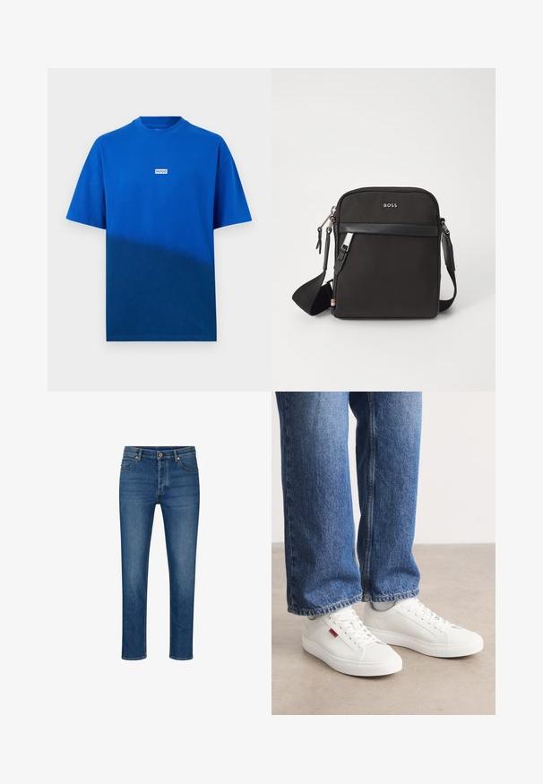 Blauw T-shirt met korte mouwen en een ronde hals, met een klein wit rechthoekig logo met de tekst "HUGO" in het midden van de borst, tegen een effen achtergrond.; Blauwe denim jeans met een rechte pasvorm, voorzien van vijf zakken, riemlussen en een knoopsluiting. Lichte wassing en contrasterende stiksels.; Witte sneakers met een glad oppervlak, ronde neus en platte zool. Vergezeld door blauwe denim jeans met een rechte pasvorm en zichtbare stiksels.; Zwarte schoudertas van textuurstof, met logo aan de voorkant, ritssluiting en verstelbare schouderband. Voorzien van een gladde leren rand.