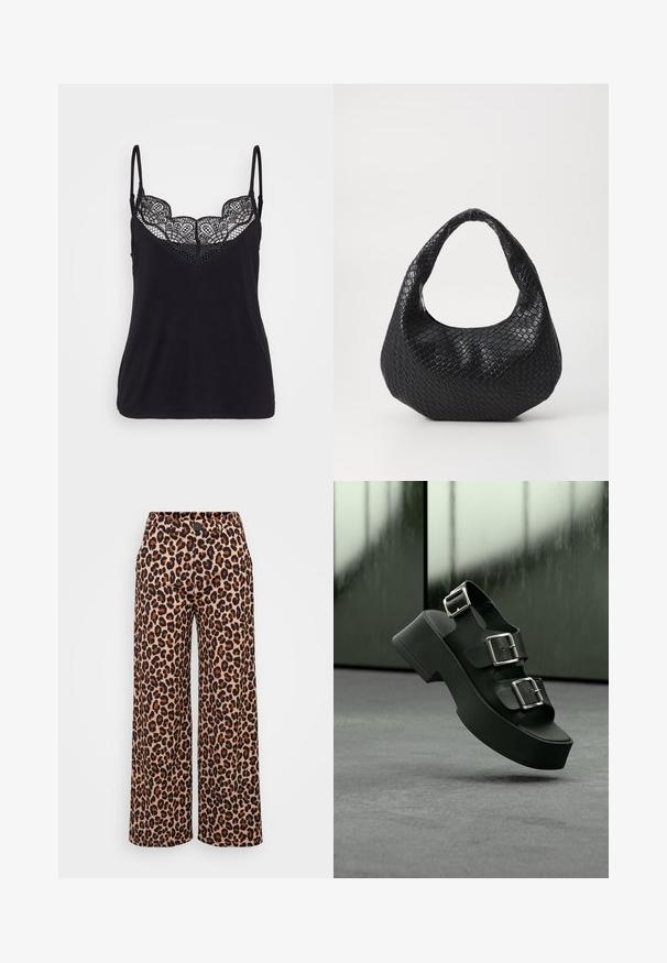 Sort top med justerbare spaghetti-stropper, der har en blonderkantdesign omkring halsudskæringen og en glat bomulds krop.; Even&Odd Petite P-EO-AW21-A-003-SP / PETITE_TAILORED WIDE LEG TROUSERS - Bukser - brown; Sort platformsandal med tre brede remme og sølvspænder, svævende over et gråt tæppe med sløret glasbaggrund.; Sort flettet håndtaske med et buet håndtag, der har en struktureret overflade og en afslappet form. Glat finish med en organisk silhuet.
