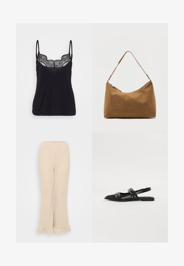 Débardeur noir avec bretelles spaghetti ajustables, présentant un design à bordure en dentelle autour de l'encolure et un corps en coton lisse.; Pantalons tricotés côtelés de couleur crème avec une taille élastique et un ourlet évasé décoré de volants en bas. Texture lisse.; Even&Odd by Zalando Ballerines à brides arrière - black; Sac à bandoulière en daim marron avec une seule sangle et une fermeture éclair supérieure, présenté sur un fond blanc uni.