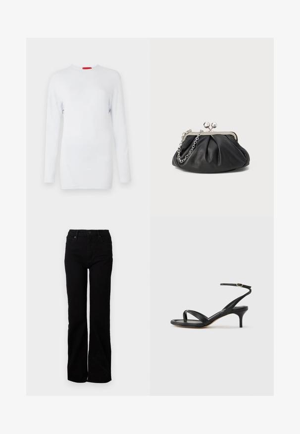Langærmet hvid top lavet af blødt stof, med rund halsudskæring og skrå sømdetaljer for et tekstureret udtryk. Rød mærkebadge.; Sorte denim jeans med en straight leg-design, fem lommer, frontlukning med knap og subtil struktur. Ingen synlige mønstre eller accenter.; Sort damesandal i læder med tynde remme, en tå-loop, ankelspænde og en mellemhøj stiletthæl på en neutral baggrund.; Sort læder clutch med samlet tekstur, sølvfarvet metalramme, kys-lås lukning og kædestrop. Glat, blød overflade.