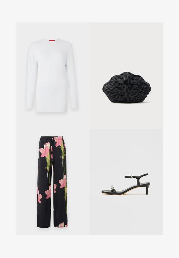 Top blanco de manga larga hecho de una tela suave, con cuello redondo y detalles de costura diagonal para un aspecto texturizado. Etiqueta de la marca en rojo.; Pantalones de pierna ancha florales con un fondo negro, que presentan flores en estilo acuarela en tonos rosa y verde. Tela suave con cintura elástica.; Sandalia de tacón de cuero negro con correa en el tobillo, punta abierta, frente cuadrado y detalle en hardware plateado. Diseño ajustado con un perfil elegante.; Bolso de mimbre negro con forma de concha de vieira con parte superior curva y textura tejida sobre un fondo liso.