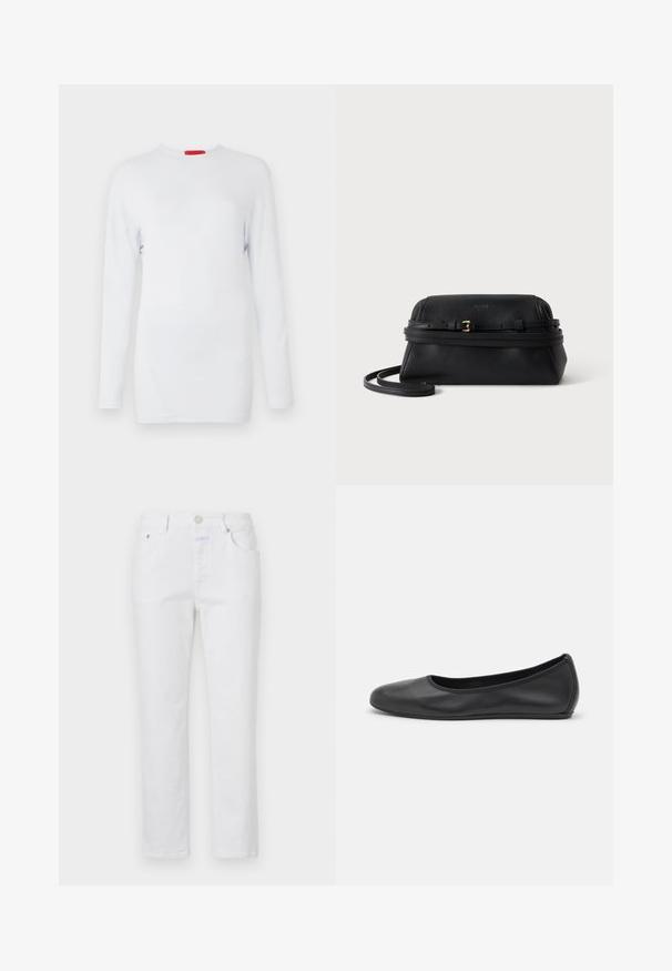 Langärmliges weißes Oberteil aus weichem Stoff, mit Rundhalsausschnitt und diagonaler Nahtverarbeitung für ein strukturiertes Aussehen. Rotes Markenetikett.; Weiße Jeans mit geradem Bein, fünf Taschen und einem Metallknopfverschluss. Verfügt über eine dezente Textur und helle Nähte.; Schwarze Leder-Ballettschuhe mit abgerundeter Spitze, glatter Textur, minimalen Nähdetails und einem flexiblen Sohlen-Design.; Schwarze weiche Lederhandtasche mit einem schmalen verstellbaren Riemen und kleiner goldener Schnalle vor weißem Hintergrund.