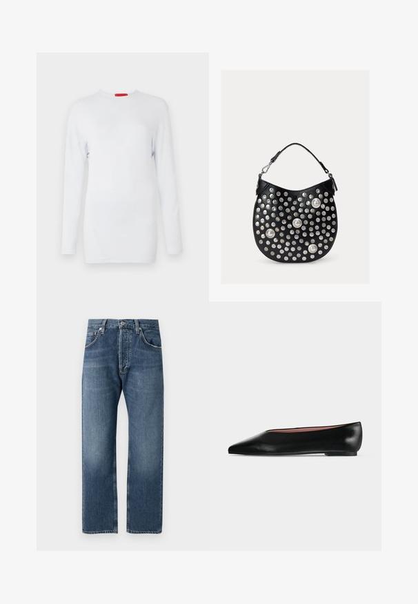 Langærmet hvid top lavet af blødt stof, med rund halsudskæring og skrå sømdetaljer for et tekstureret udtryk. Rød mærkebadge.; Blå lige ben denimjeans med klassisk fem-lomme design og knaplukning, vist mod en hvid baggrund.; Sort damesko i læder med flad hæl og spids tå, vist fra siden på en ensfarvet lys grå baggrund.; Sort læderhåndtaske med buet top-håndtag, dekoreret med store og små sølvfarvede metalnitter over hele frontfladen.