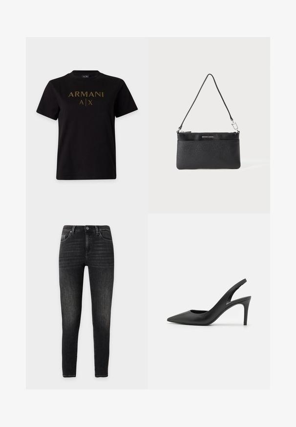 Sort T-shirt med korte ærmer og guldprikket "ARMANI A|X" logo centreret foran.; Sorte slim-fit jeans med let falmet tekstur, frontlukning med knapper, bæltestropper og fem-lomme design.; Sorte læder slingback høje hæle med spids tå-design, der har en udskæring fortil og en tynd stiletto-hæl.; Sort læder håndledspung, tekstureret overflade, lynlås lukning, sølvfarvet hardware, mærkelogo, justerbar rem. Kompakt og rektangulær form.