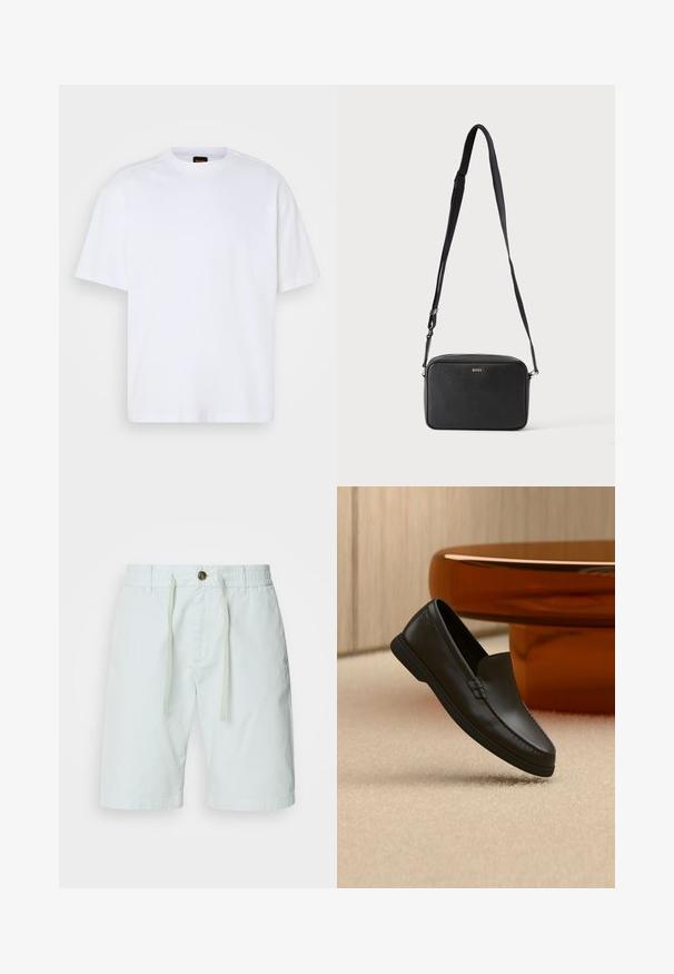 T-shirt en coton blanc avec un col rond, des manches courtes et une coupe décontractée. Les coutures épaules texturées ajoutent un détail supplémentaire.; Shorts en coton vert clair avec une taille élastique et un cordon de serrage. Comprend une fermeture à bouton, des poches latérales et une coupe droite.; Mocassin noir en cuir sans lacets exposé sur un tapis beige à côté d'une table en verre ambré de forme incurvée dans une pièce aux tons neutres.; Sac bandoulière rectangulaire noir avec sangle réglable et logo BOSS sur le devant, sur un fond clair uni.