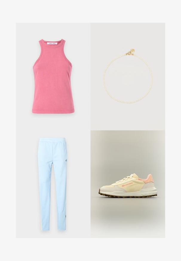 Débardeur en coton rose avec un col rond et un design dos nageur. Présente des ourlets double couture et une texture douce et lisse.; Pantalon de sport bleu clair avec une texture lisse, une taille élastique et un motif subtil. Présente un logo près de la hanche et des accents de couleur sur l'ourlet.; Baskets Lacoste beige et rose clair avec semelle texturée, design à lacets et logo sur le côté, présentées de profil sur un fond uni.; Collier de perles délicat avec petites perles rondes et fermoir à bascule en or orné d'un pendentif circulaire décoratif.