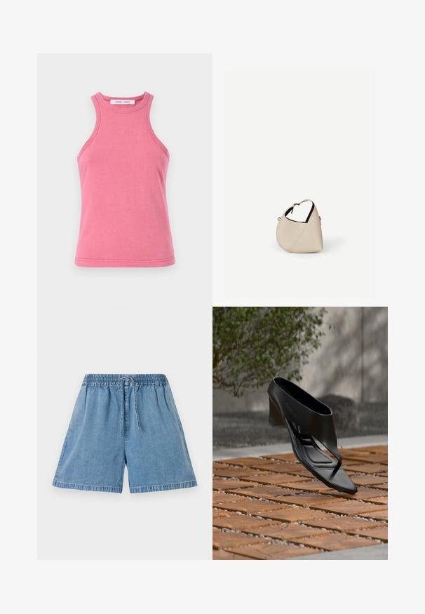 Ροζ βαμβακερό tank top με στρογγυλή λαιμόκοψη και σχέδιο racerback. Περιλαμβάνει διπλές ραφές στα τελειώματα και μαλακή, λείας υφή.; Σορτς από τζιν σε ανοιχτό μπλε χρώμα με ελαστική μέση και κορδόνι. Διαθέτουν πλευρικές τσέπες και άνετη εφαρμογή με ραμμένα τελειώματα.; Μαύρο πέδιλο με ψηλό τακούνι και λουράκι ανάμεσα στα δάχτυλα, που αιωρείται πάνω από ένα διακοσμημένο ξύλινο και χαλικάδικο εξωτερικό χώρο με θολό πράσινο και τοίχο στο φόντο.; Τσάντα μπεζ από δέρμα σε σχήμα ημισελήνου με έναν μόνο ιμάντα ώμου και ελάχιστη ραφή, σε απλό λευκό φόντο.