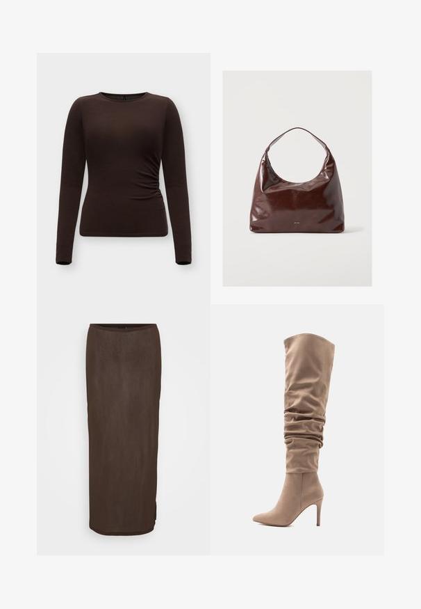 Haut marron foncé ajusté à manches longues avec encolure ronde et détail froncé sur le côté droit, présenté sur un fond clair uni.; Jupe marron, à mi-mollet, ajustée avec une texture lisse et un léger brillant. Présente un ourlet arrondi et une fente latérale discrète pour plus de facilité de mouvement.; Botte en simili daim beige allant au-dessus du genou avec un design décontracté, un bout pointu et un talon aiguille de 10 cm. Texture lisse et style minimaliste.; Sac bandoulière en cuir brun foncé brillant avec une seule bandoulière et un petit logo doré "RAID" au centre avant.