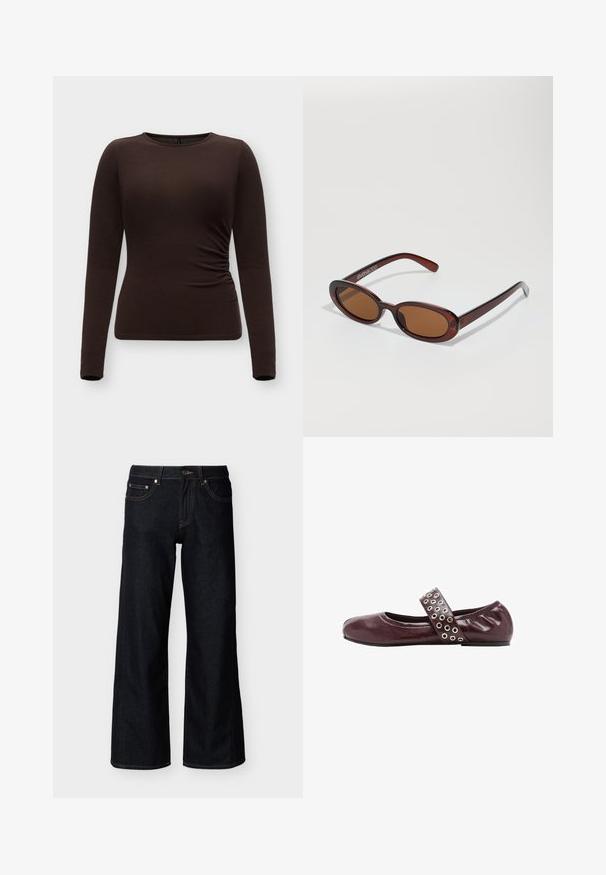 Langærmet tætsiddende mørkebrun top med rund halsudskæring og rynkedetalje på højre side, vist på en ensfarvet lys baggrund.; Mørkeblå jeans med brede ben, med forreste knap, lynlås og styling med fem lommer på en ensfarvet lys baggrund.; Bordeaux læderballetsko med rund tå, elastisk rem med sølvøjer og en blød, samlet hæl for ekstra komfort.; Runde, bruntonede solbriller med en glansfuld bordeauxramme. Slanke arme med diskret brandingdetalje. Flad linsedesign.