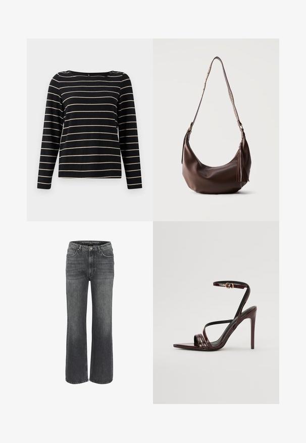 Chemise noire à manches longues avec des fines rayures beiges. Possède un col bateau et une coupe simple et décontractée sans embellissements.; Jeans larges en denim gris foncé, présentant un design classique à cinq poches, des coutures décoratives et une fermeture à bouton à la taille.; Sandale à talons hauts en cuir verni bourgogne avec une bride de cheville, bout pointu et trois bandes horizontales sur le pied. Détail de boucle dorée.; Sac à bandoulière en cuir marron avec des clous dorés sur la sangle et un gland en cuir sur la fermeture éclair, présenté sur un fond uni.