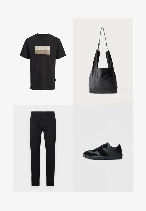 Sort T-shirt med korte ærmer og rund hals, med et beige rektangulært logo på brystet, hvor der står "JACK & JONES."; Sorte slim-fit jeans med fem lommer, knaplukning og bæltestropper, præsenteret på en ensfarvet hvid baggrund.; Sorte sneakers med en kombination af glat læder og ruskind, med en tekstureret sort gummisål og subtil stripingdetalje.; Sort blød stofnettaske med brede håndtag og en tynd sort-hvid flettet skulderrem.