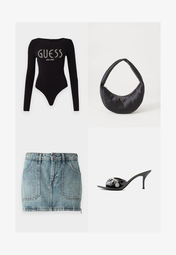 Schwarzer langärmliger Body mit einem runden Ausschnitt, der "GUESS" aus Strass und "EST.1981" in Weiß zeigt, aus dehnbarem Material gefertigt.; Helles, blaues Denim-Minirock mit Fünf-Taschen-Design, Gürtelschlaufen, Metallknopfverschluss und kontrastierenden Nähten.; Schwarzer Lackleder High-Heel Mule mit offenem Zehenbereich und dekorativen silbernen Anhängern, darunter eine Blume und ein Vorhängeschloss am vorderen Riemen.; Schwarze Satin-Handtasche mit geschwungener Form, ausgestattet mit einem Reißverschluss und einem dreieckigen Metallsymbol auf der Vorderseite. Glatte Textur und elegantes Design.