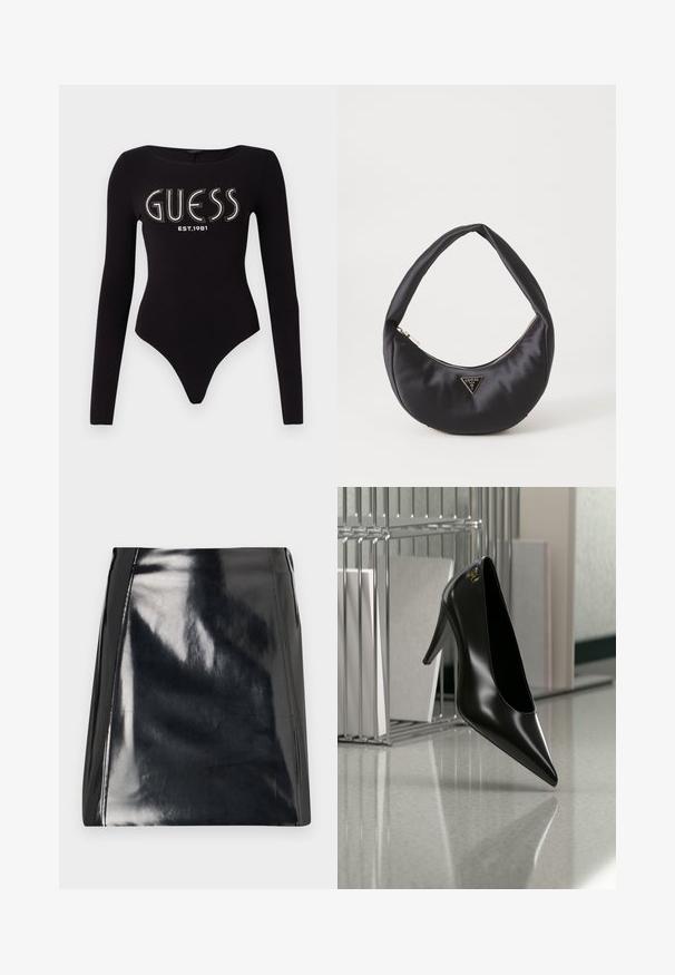 Bodysuit noir à manches longues avec un décolleté en scoop, présentant "GUESS" en strass et "EST.1981" en blanc, conçu en tissu extensible.; Mini-jupe en cuir noir avec une finition brillante. Présente des détails de couture visibles et une silhouette ajustée. Texture lisse sur l'ensemble.; Chaussure noire à talon haut avec bout pointu et logo doré, posée sur une surface réfléchissante près d'un organiseur de dossiers en fil chromé contenant des documents.; Sac à main en satin noir avec une forme courbée, doté d'une fermeture à glissière et d'un logo triangulaire en métal à l'avant. Texture lisse et design épuré.