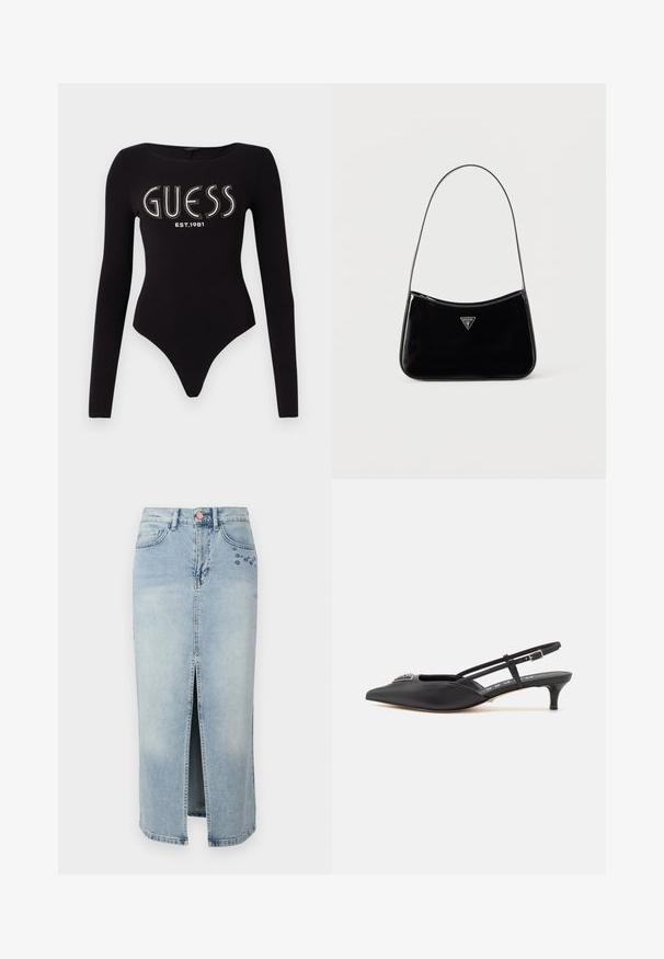 Zwart langemouwen bodysuit met een ronde halslijn, met "GUESS" in rhinestones en "EST.1981" in het wit, gemaakt van rekbaar materiaal.; Fabienne Chapot CARLYNE SKIRT - Jeansrok - light blue tinted; Zwarte slingback schoenen met een puntige neus, gemaakt van glad materiaal, met een kleine hak en een decoratieve zilverkleurige accent op de wreef.; Zwarte schoudertas van lakleer met een smalle band, driehoekig Guess-logo aan de voorkant en een ritssluiting bovenaan.