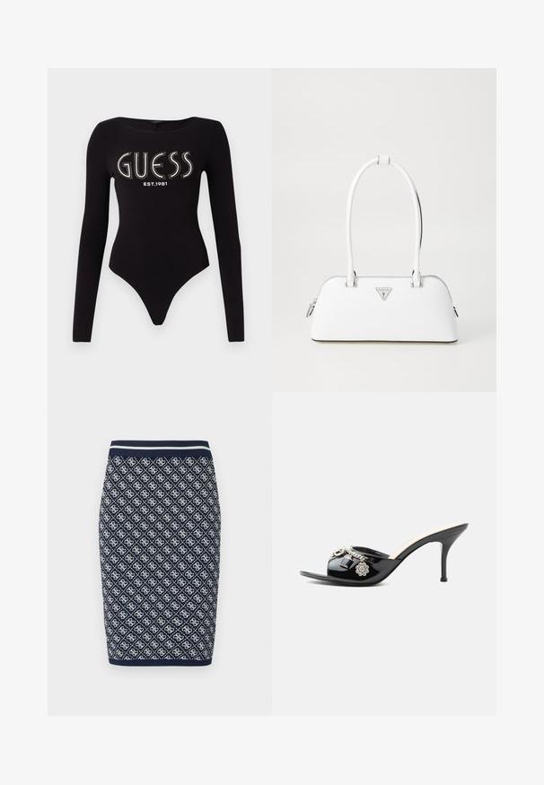 Bodysuit negro de manga larga con escote redondeado, que presenta "GUESS" en pedrería y "EST.1981" en blanco, confeccionado en una tela elástica.; Falda lápiz de punto en azul marino y blanco con un patrón geométrico de diamantes. Cuenta con una cinturilla elástica a rayas y una textura suave.; Mule de charol negro de tacón alto con punta abierta y adornos decorativos plateados, incluyendo una flor y un candado en la tira delantera.; Bolso de cuero blanco con forma curva, que presenta un logo triangular plateado y cierre de cremallera. Textura lisa y dos asas.