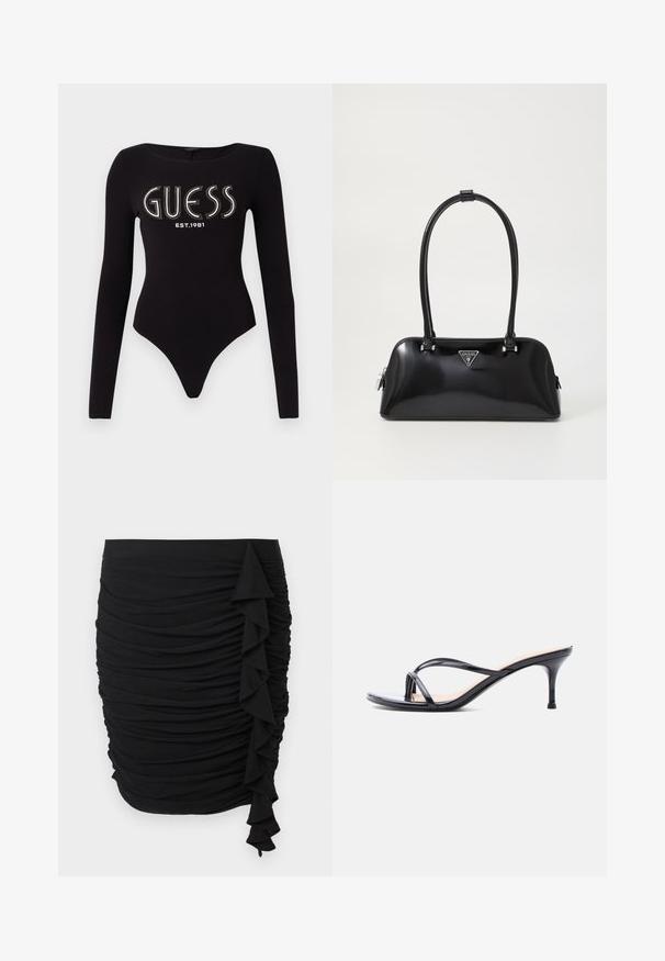 Sort langærmet bodystocking med en scoop-halsudskæring, prydet med "GUESS" i rhinsten og "EST.1981" i hvid, lavet af strækstof.; Sort rynket nederdel med flæsedetalje på siden, lavet af strækbart stof, med en tætsiddende silhuet.; Sort laklædersandal med hæl, tynde krydsede remme og en slank mellemhøj stilethæl på en hvid baggrund.; Sort glanshandtaske med en buet silhuet, to håndtag og en frontlogo-plakette. Lynlås lukning og skinnende hardware-detaljer.