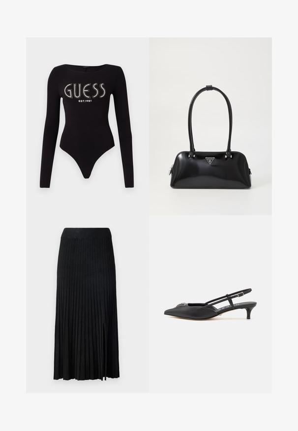 Bodysuit noir à manches longues avec un décolleté en scoop, présentant "GUESS" en strass et "EST.1981" en blanc, conçu en tissu extensible.; Jupe midi plissée noire avec ceinture côtelée, présentant un tissu texturé, une fente latérale et des lignes verticales sur l'ensemble du design.; Chaussures noires à talon slingback avec un bout pointu, en matériau lisse, dotées d'un petit talon et d'un accent décoratif en argent sur le dessus.; Sac à main noir brillant avec une silhouette incurvée, deux poignées et une plaque logo à l'avant. Fermeture éclair et accents en matériel brillant.