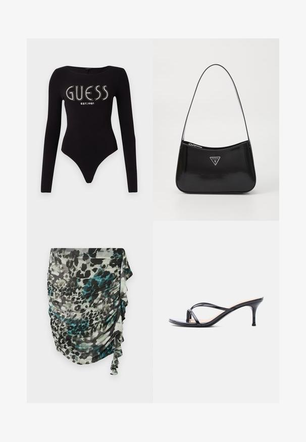 Zwart langemouwen bodysuit met een ronde halslijn, met "GUESS" in rhinestones en "EST.1981" in het wit, gemaakt van rekbaar materiaal.; Geroesde, lichte rok in tinten groen, zwart en grijs met een luipaardprintmotief en ruches langs de zijkant.; Zwarte laklederen sandaal met hakken, dunne gekruiste bandjes en een slanke, middelhoog stilettohak op een witte achtergrond.; Zwarte lakleren schoudertas met een gebogen vorm, voorzien van een zilveren driehoeklogo en een ritssluiting. Gladde textuur en slanke schouderband.