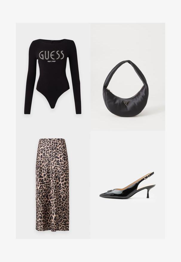 Bodysuit noir à manches longues avec un décolleté en scoop, présentant "GUESS" en strass et "EST.1981" en blanc, conçu en tissu extensible.; Jupe en satin imprimé léopard avec taille haute, silhouette longueur genoux, texture brillante et design fluide.; Escarpin slingback en cuir verni noir avec bout pointu, petit talon kitten et bride à boucle argentée sur fond blanc uni.; Sac à main en satin noir avec une forme courbée, doté d'une fermeture à glissière et d'un logo triangulaire en métal à l'avant. Texture lisse et design épuré.