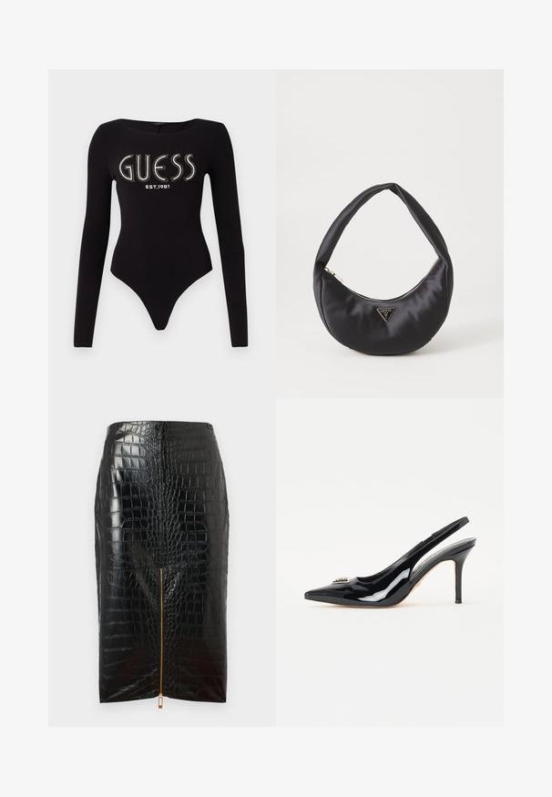 Schwarzer langärmliger Body mit einem runden Ausschnitt, der "GUESS" aus Strass und "EST.1981" in Weiß zeigt, aus dehnbarem Material gefertigt.; Schwarzer Bleistiftrock aus Kunstleder mit Krokodilstruktur, ausgestattet mit einem zentralen goldenen Reißverschluss und glatter Oberflächenbeschaffenheit.; Schwarze Lackleder-Slingback-Pumps mit spitzer Zehenpartie, schlankem Stiletto-Absatz und dekorativer Verzierung auf dem Vorderblatt.; Schwarze Satin-Handtasche mit geschwungener Form, ausgestattet mit einem Reißverschluss und einem dreieckigen Metallsymbol auf der Vorderseite. Glatte Textur und elegantes Design.