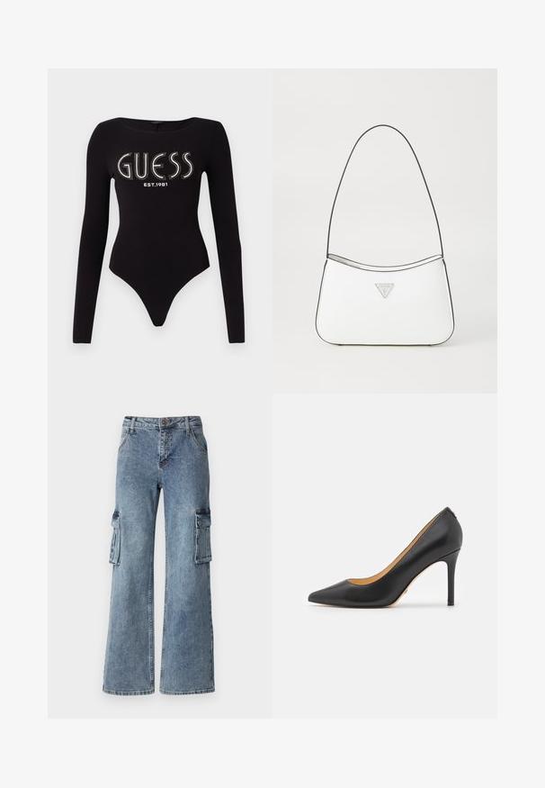 Zwart langemouwen bodysuit met een ronde halslijn, met "GUESS" in rhinestones en "EST.1981" in het wit, gemaakt van rekbaar materiaal.; Brede blauwe denim cargo broeken met zijzakken, een knoopsluiting en riemlussen. De stof heeft een lichte wassing met subtiele vervaging.; Zwarte leren puntige hakken met een stiletto hak, voorzien van een gladde textuur en een minimalistisch ontwerp. Interieur is gevoerd in een tan kleur.; Witte handtas met een slank, gebogen ontwerp, voorzien van een dunne zwarte schouderband en een zilveren driehoekig logo-accent. Gladde textuur en minimale detailing.