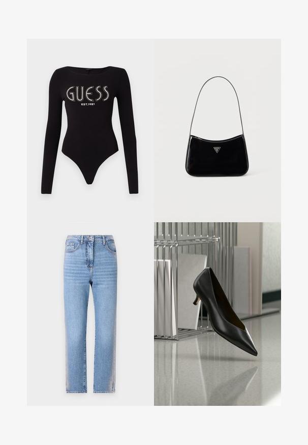 Bodysuit noir à manches longues avec un décolleté en scoop, présentant "GUESS" en strass et "EST.1981" en blanc, conçu en tissu extensible.; Jean en denim bleu clair avec une coupe droite, doté d'une fermeture à bouton et à zip, de cinq poches et d'une texture décolorée sur les jambes.; Chaussure en cuir noir à bout pointu et talon kitten flottant au-dessus d'un sol gris moucheté, à côté d'un organiseur de fichiers en métal contenant des dossiers.; Sac à bandoulière en cuir verni noir avec une sangle fine, logo triangulaire Guess sur le devant et une fermeture éclair supérieure.