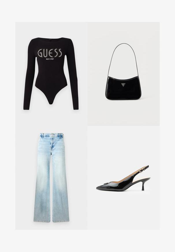 Bodysuit negro de manga larga con escote redondeado, que presenta "GUESS" en pedrería y "EST.1981" en blanco, confeccionado en una tela elástica.; Jeans acampanados de color azul claro, confeccionados en denim. Presentan un lavado desvaído, bolsillos estándar y un cierre de botón en la cintura.; Tacón slingback de charol negro con puntera puntiaguda, tacón pequeño tipo kitten y correa con hebilla plateada sobre un fondo blanco liso.; Bolso de hombro de charol negro con correa delgada, logotipo triangular de Guess en el frente y cierre superior con cremallera.