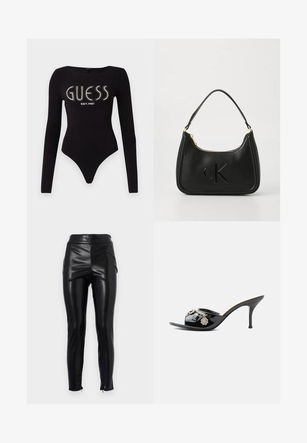 Schwarzer langärmliger Body mit einem runden Ausschnitt, der "GUESS" aus Strass und "EST.1981" in Weiß zeigt, aus dehnbarem Material gefertigt.; Hoch taillierte schwarze Leggings aus Kunstleder mit einer glatten, glänzenden Textur, seitlichen Nähten und Reißverschlüssen an den Knöcheln für eine figurbetonte Silhouette.; Schwarzer Lackleder High-Heel Mule mit offenem Zehenbereich und dekorativen silbernen Anhängern, darunter eine Blume und ein Vorhängeschloss am vorderen Riemen.; Schwarze Lederhandtasche mit geschwungener Form, ausgestattet mit einem goldenen Reißverschluss und einem dezent geprägten "cK"-Logo. Glatte Textur und ein einzelner Griff.